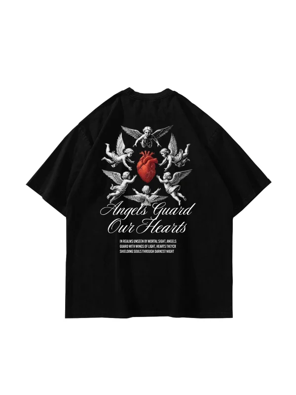 Angels Guard Our Hearts Baskılı Oversize Unisex Siyah Tshirt