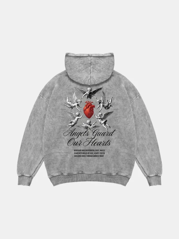 Angels Guard Our Hearts Baskılı Oversize Unisex Yıkamalı Beyaz Hoodie