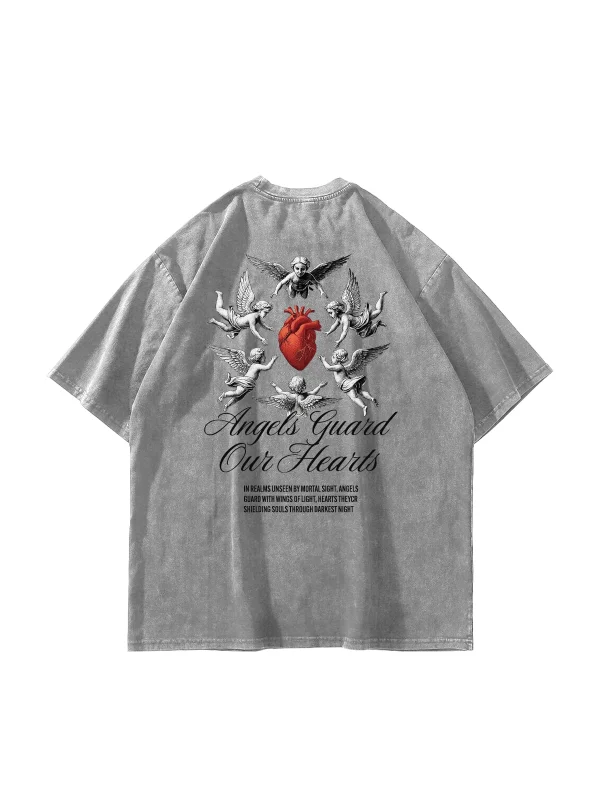 Angels Guard Our Hearts Baskılı Oversize Unisex Yıkamalı Beyaz Tshirt