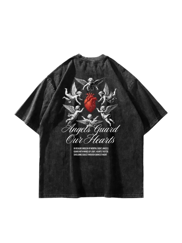 Angels Guard Our Hearts Baskılı Oversize Unisex Yıkamalı Siyah Tshirt
