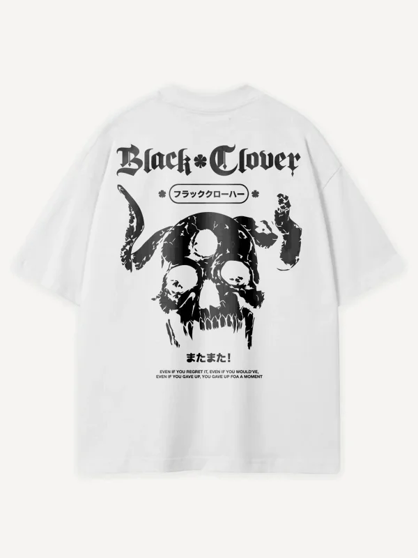 Magic Clover Demon Skull Baskılı Beyaz Oversize Unisex Tshirt