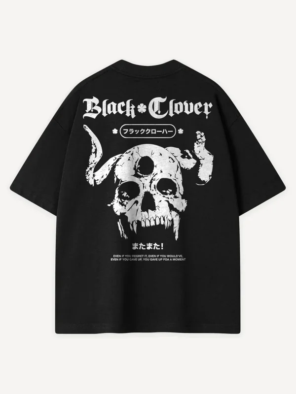 Magic Clover Demon Skull Baskılı Siyah Oversize Unisex Tshirt