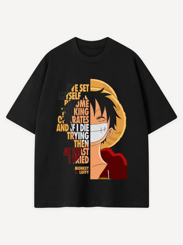 Anime Luffy Quote Baskılı Siyah Oversize Tshirt