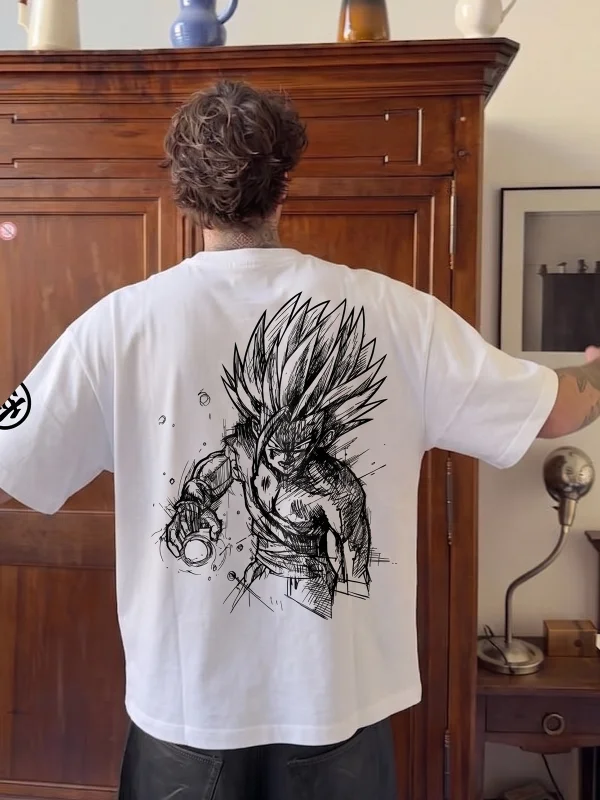 Anime Saiyan Baskılı Beyaz Oversize Tshirt