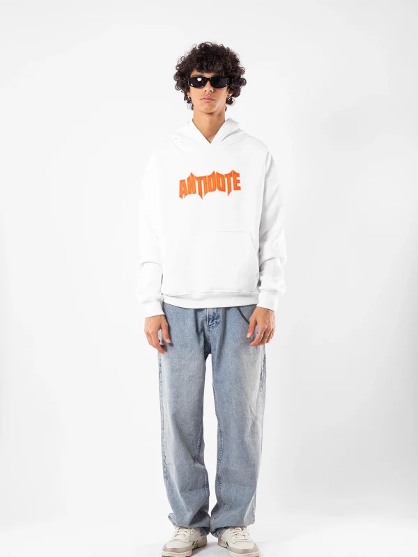 Antidote Baskılı Oversize Unisex Beyaz Hoodie