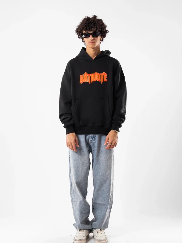 Antidote Baskılı Oversize Unisex Siyah Hoodie