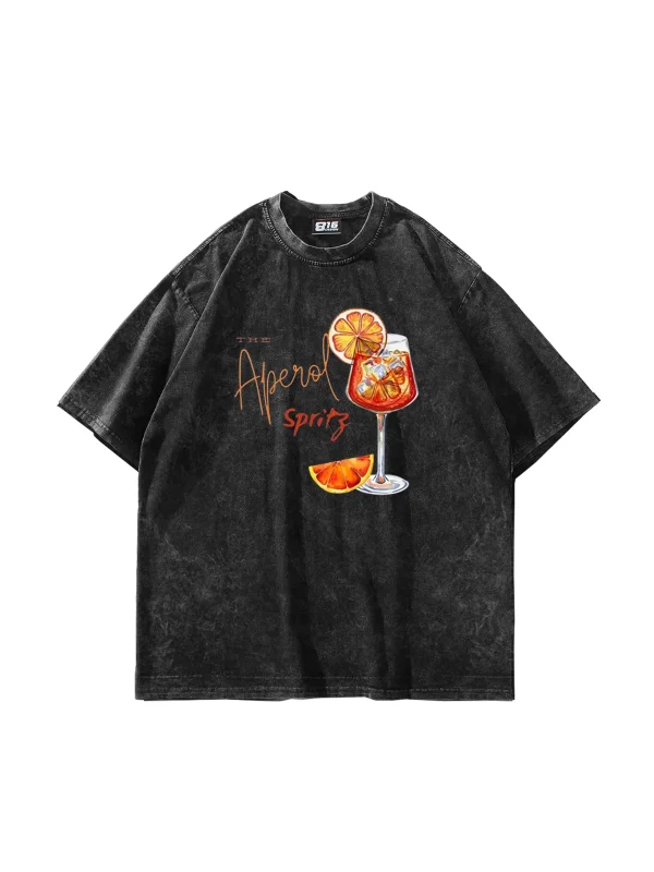 The Aperol Spritz Baskılı Oversize Unisex Yıkamalı Siyah Tshirt