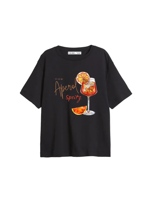 The Aperol Spritz Baskılı Relaxed Fit Siyah Kadın Tshirt