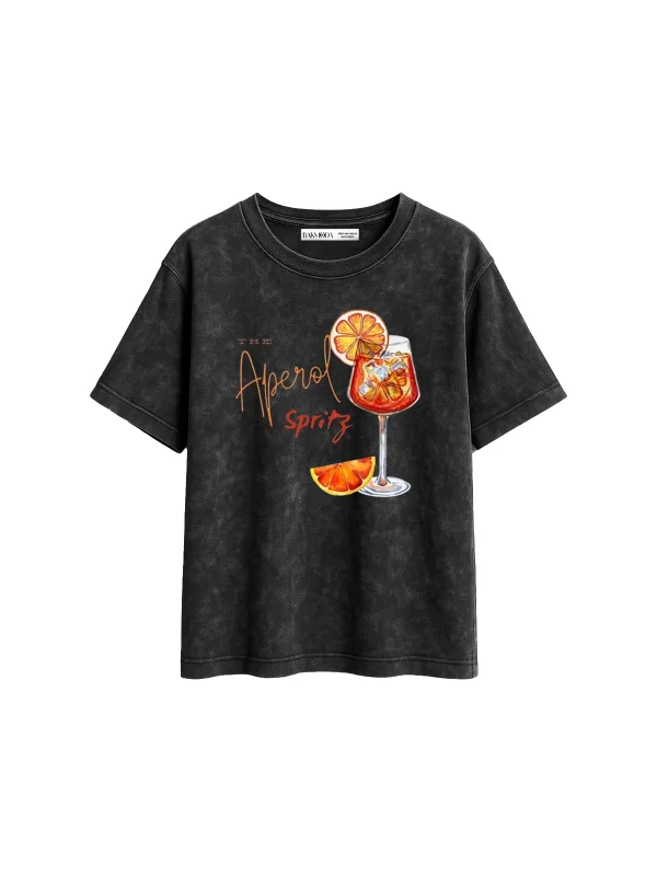 The Aperol Spritz Baskılı Relaxed Fit Yıkamalı Siyah Kadın Tshirt