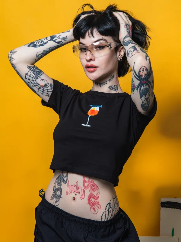 Aperol Spritz Baskılı Siyah Crop Top