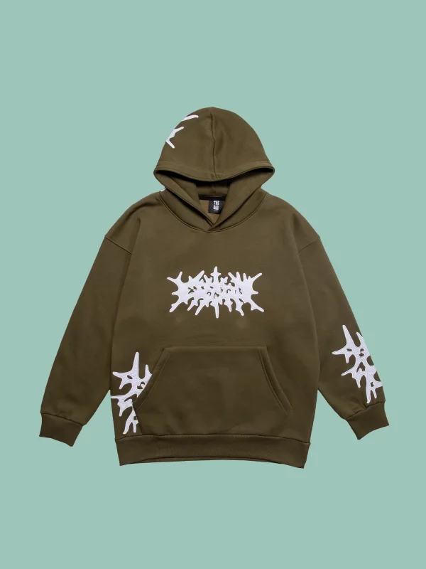 Aplike Patch Detaylı Oversize Unisex Haki Hoodie