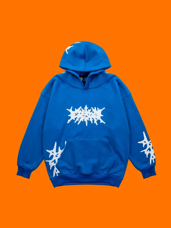 Aplike Patch Detaylı Oversize Unisex Mavi Hoodie