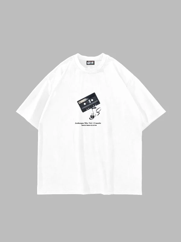 Arabesque Cassette Baskılı Oversize Unisex Beyaz Tshirt