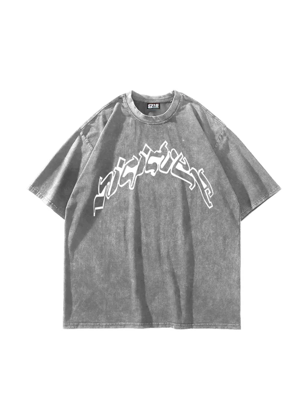 Arabic Font Baskılı Yıkamalı Beyaz Unisex Oversize Tshirt