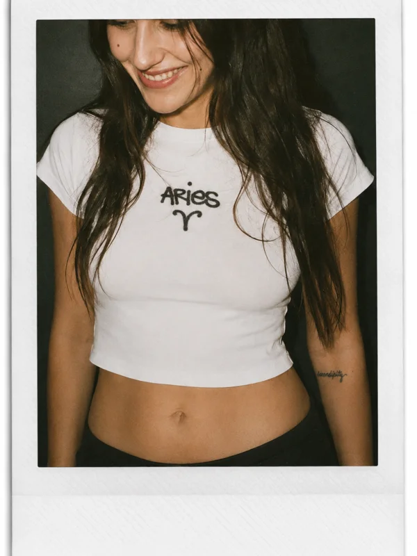 Aries Baskılı Beyaz Crop Top