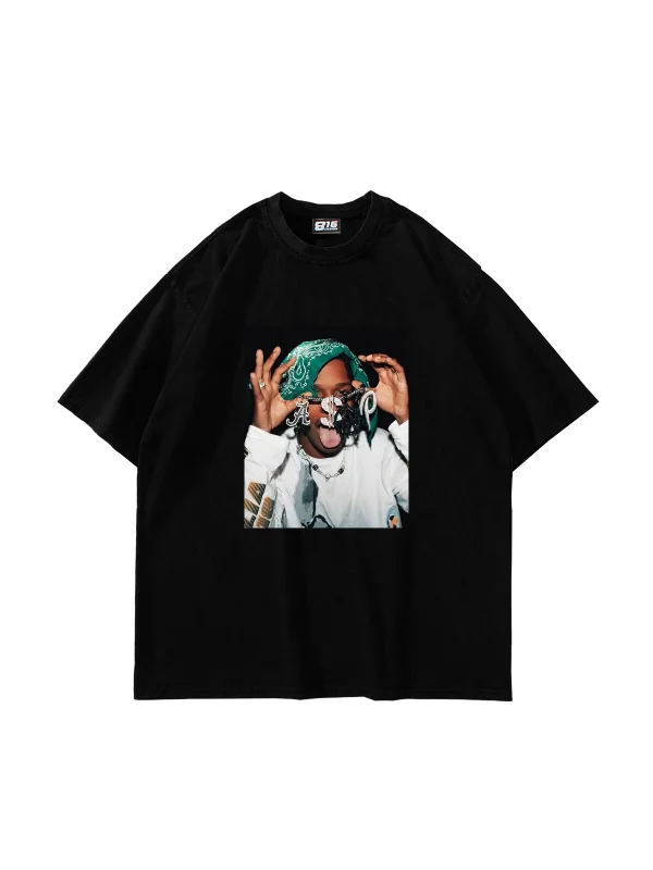 Asap Rocky V2 Baskılı Oversize Unisex Siyah Tshirt