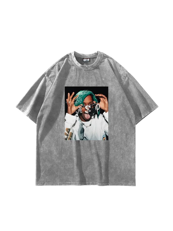 Asap Rocky V2 Baskılı Oversize Unisex Yıkamalı Beyaz Tshirt