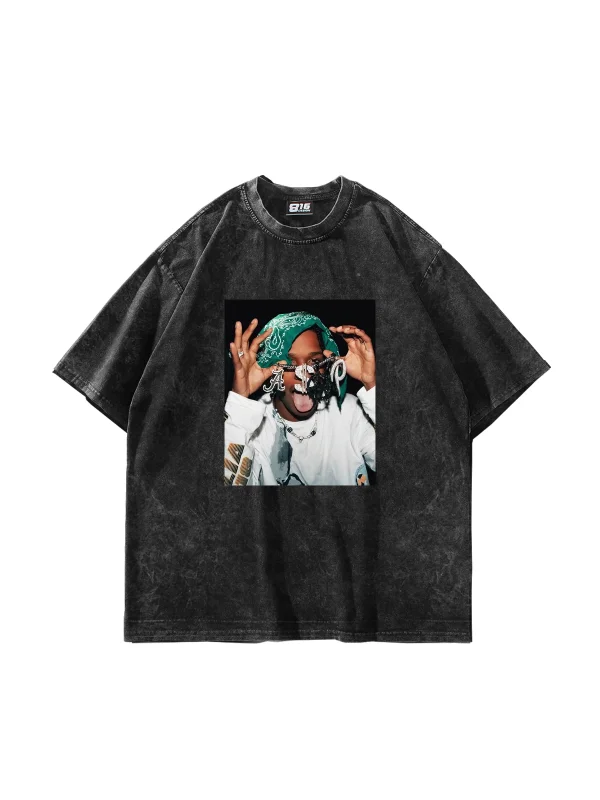 Asap Rocky V2 Baskılı Oversize Unisex Yıkamalı Siyah Tshirt