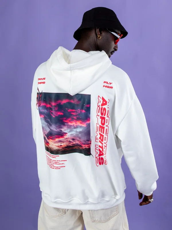 Asperitas Sırt Baskılı Oversize Unisex Beyaz Hoodie