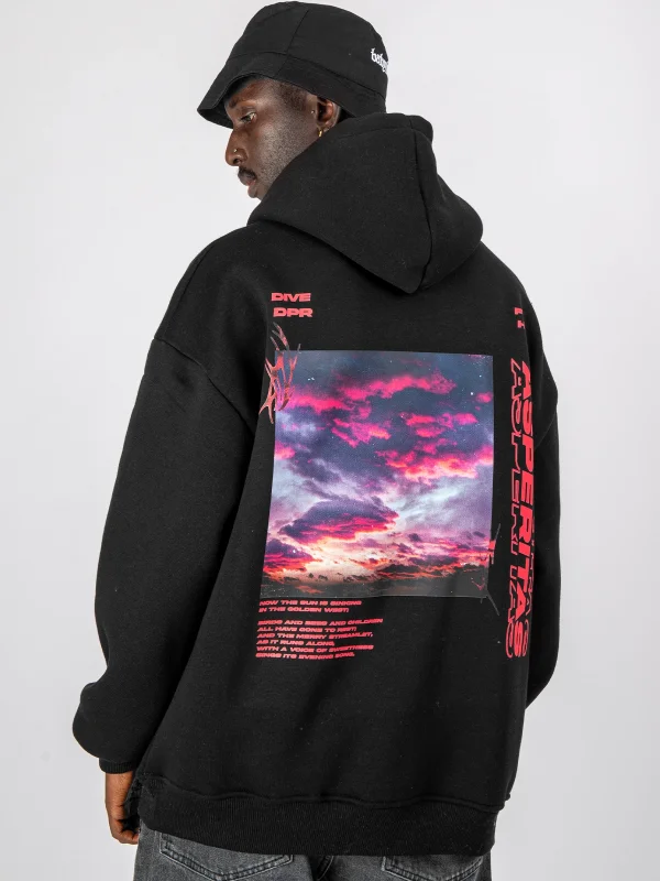 Asperitas Sırt Baskılı Oversize Unisex Siyah Hoodie
