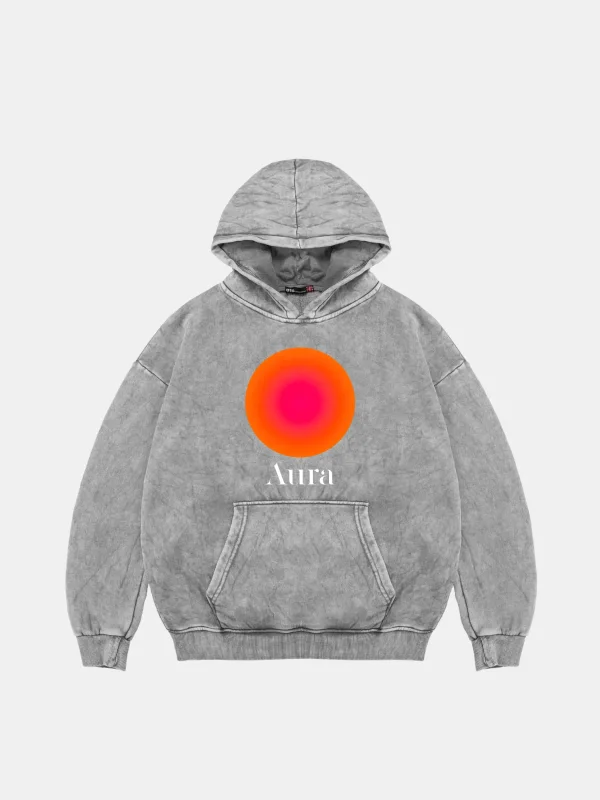 Aura Baskılı Oversize Unisex Yıkamalı Beyaz Hoodie