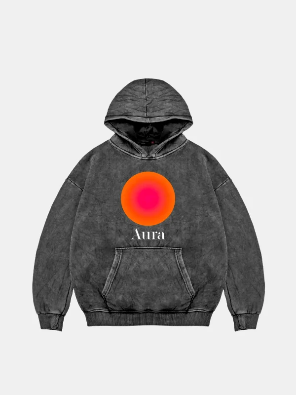 Aura Baskılı Oversize Unisex Yıkamalı Siyah Hoodie