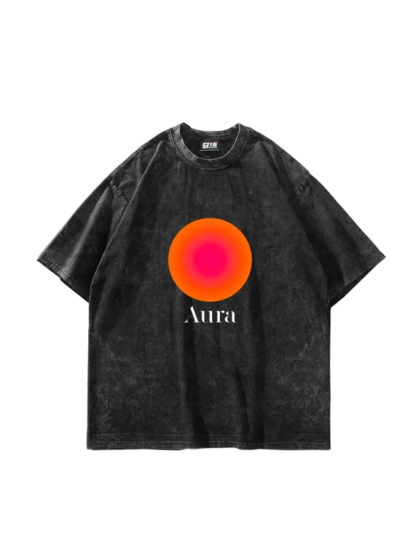 Aura Baskılı Oversize Unisex Yıkamalı Siyah Tshirt
