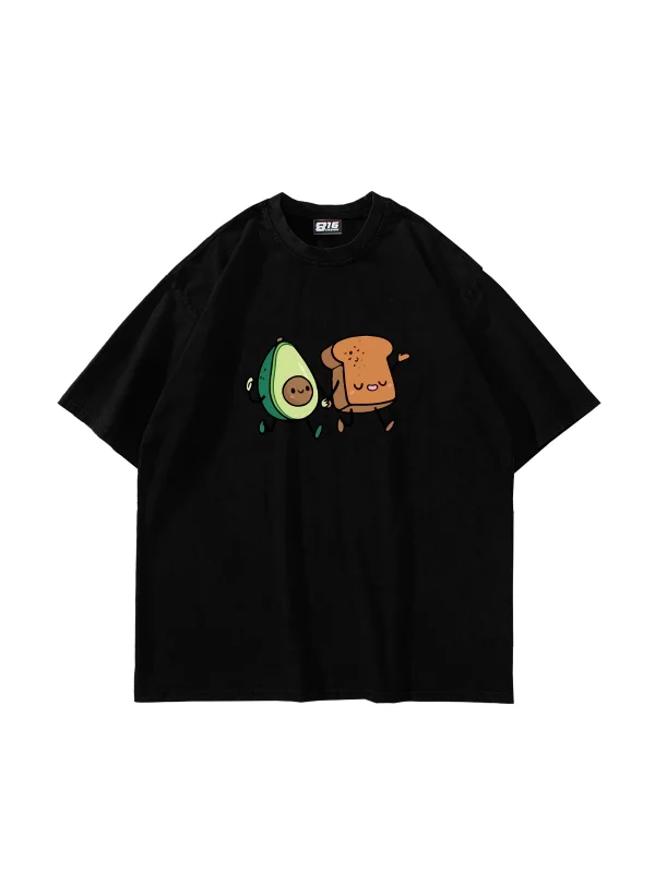 Avocado and Toast Baskılı Oversize Unisex Siyah Tshirt
