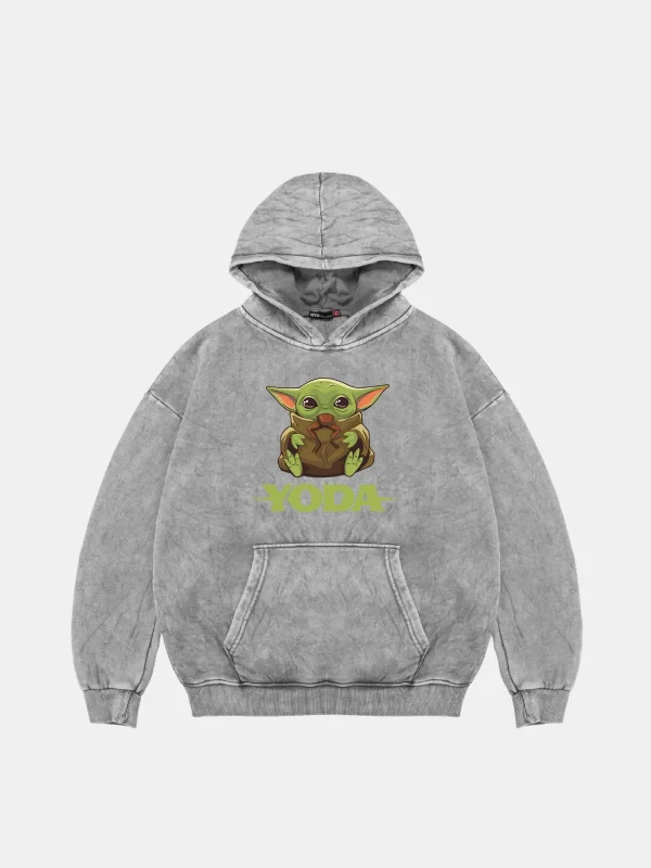 Baby Yoda Baskılı Oversize Unisex Yıkamalı Beyaz Hoodie