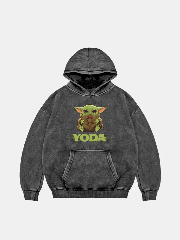 Baby Yoda Baskılı Oversize Unisex Yıkamalı Siyah Hoodie