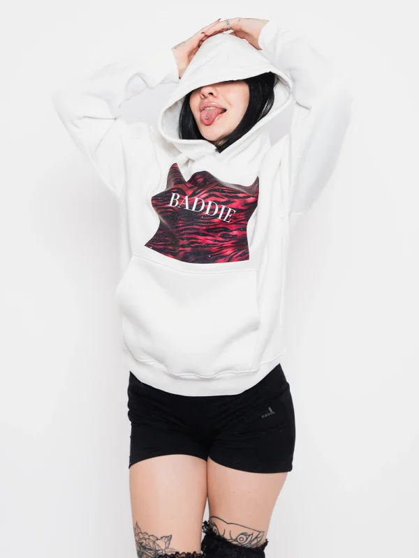 Baddie Baskılı Oversize Unisex Beyaz Hoodie