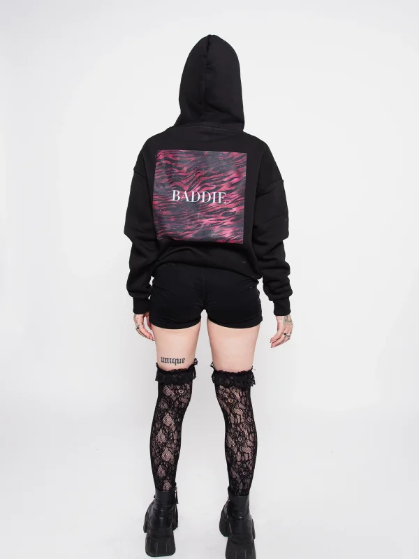 Baddie Baskılı Oversize Unisex Siyah Hoodie