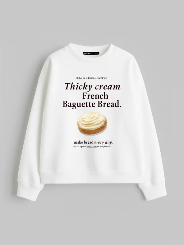 Baguette Bread Baskılı Kapüşonsuz Relaxed Fit Kadın Beyaz Sweatshirt