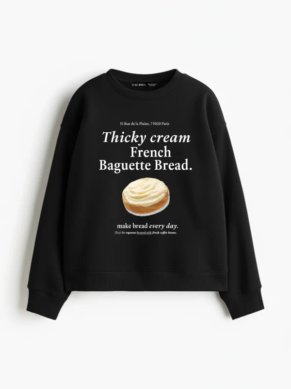 Baguette Bread Baskılı Kapüşonsuz Relaxed Fit Kadın Siyah Sweatshirt
