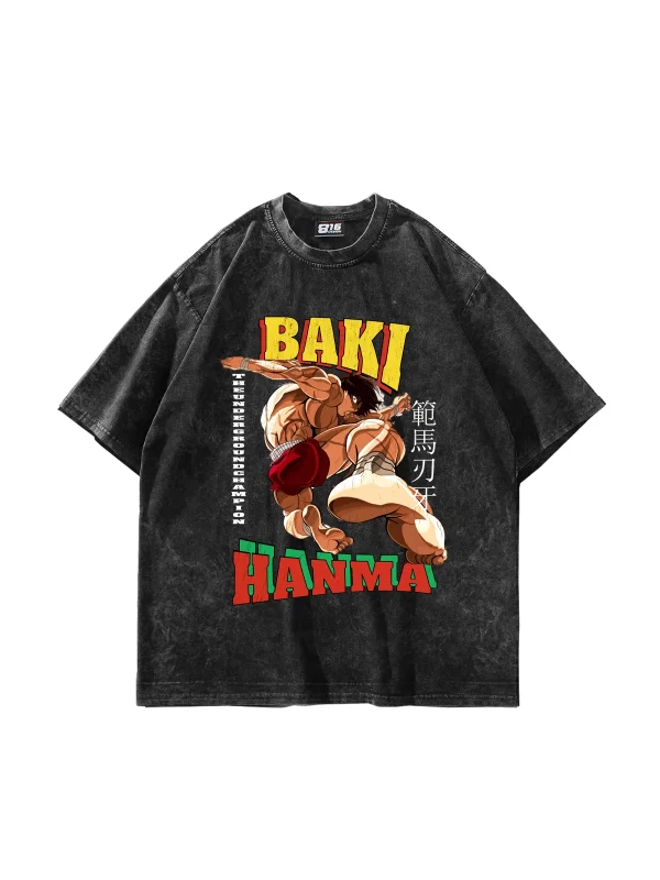 Baki Hanma Baskılı Oversize Unisex Yıkamalı Siyah Tshirt
