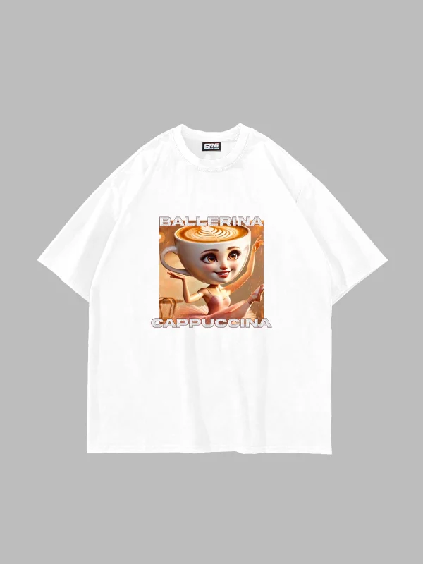 Ballerina Cappuccina Baskılı Oversize Unisex Beyaz Tshirt