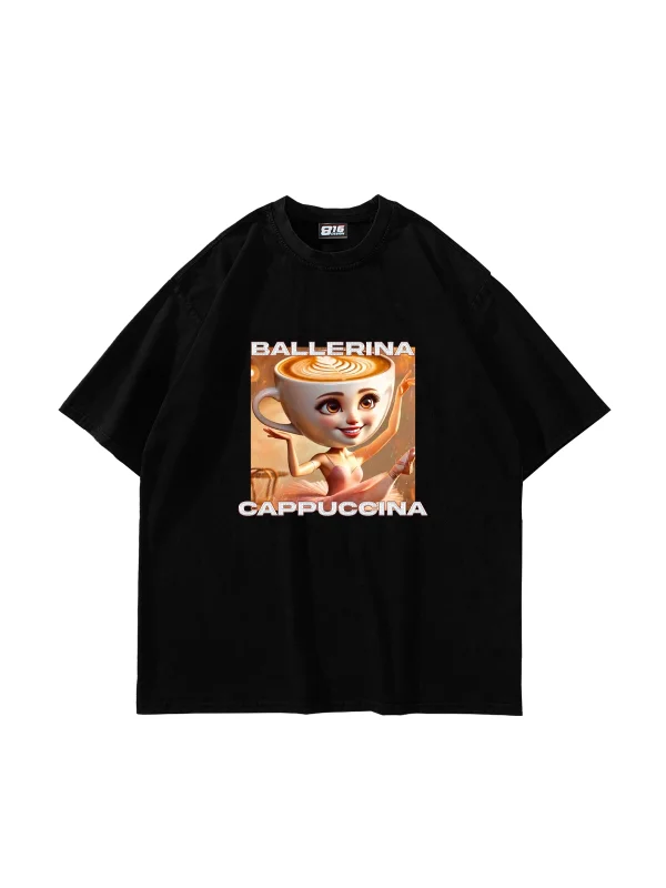 Ballerina Cappuccina Baskılı Oversize Unisex Siyah Tshirt