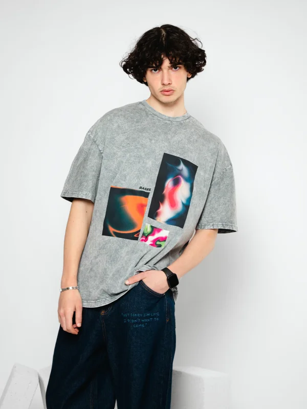 Bases Baskılı Oversize Unisex Yıkamalı Beyaz Tshirt