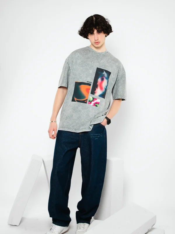 Bases Baskılı Oversize Unisex Yıkamalı Beyaz Tshirt