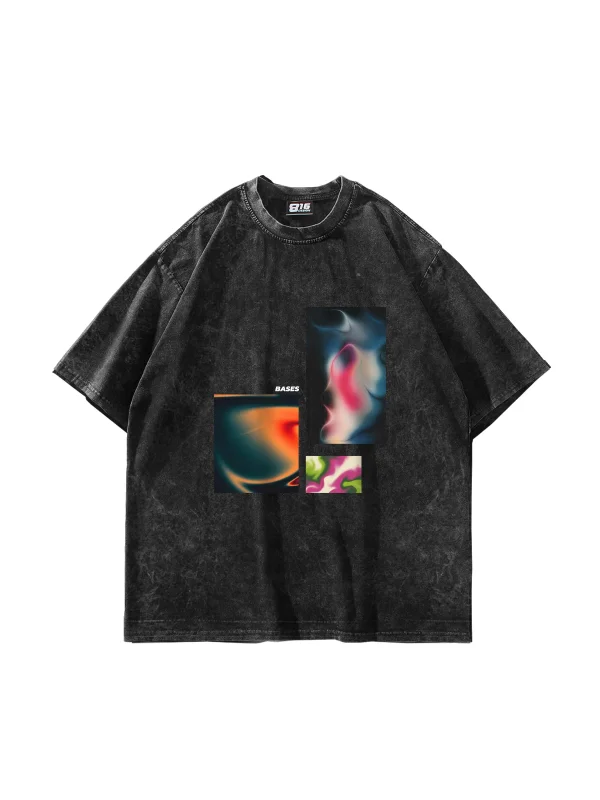Bases Baskılı Oversize Unisex Yıkamalı Siyah Tshirt