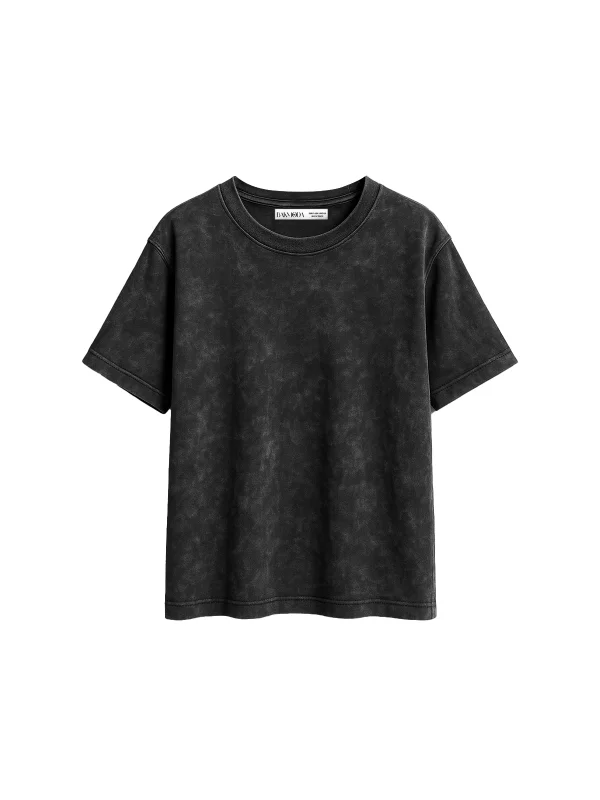Basic Relaxed Fit Yıkamalı Siyah Kadın Tshirt