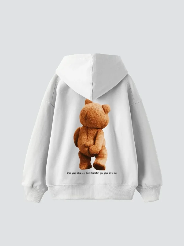 Bear Sırt Baskılı Oversize Unisex Beyaz Hoodie