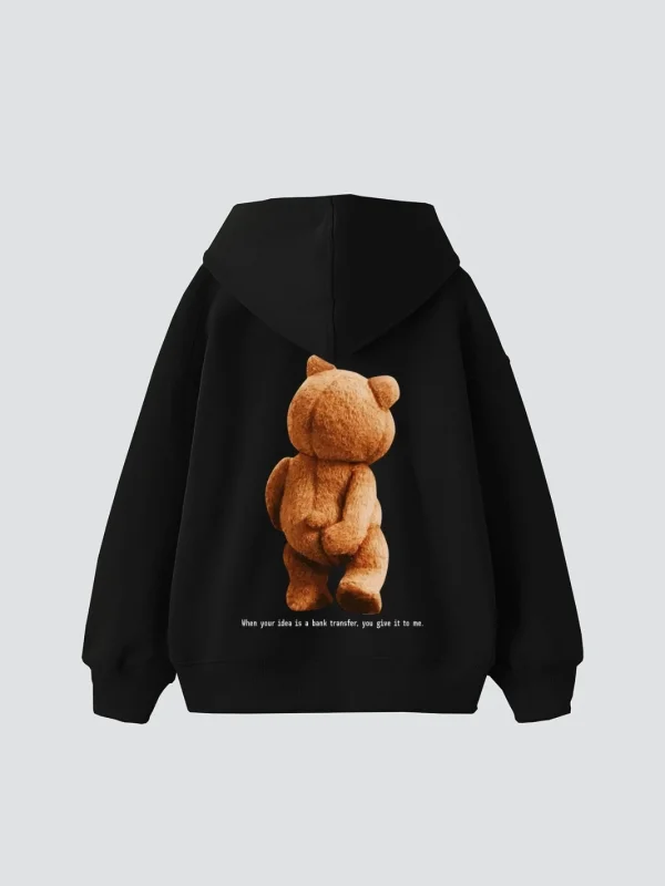 Bear Sırt Baskılı Oversize Unisex Siyah Hoodie