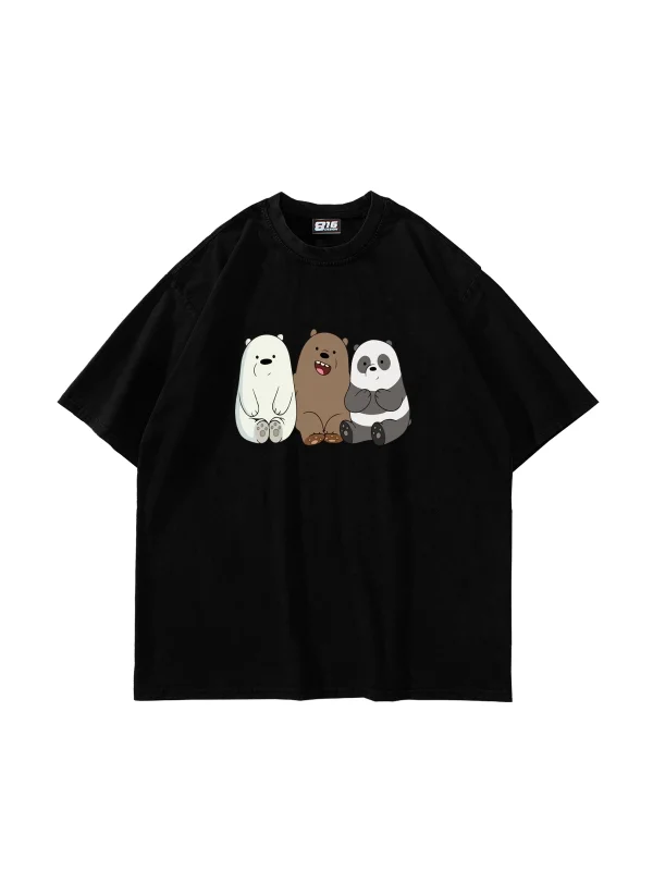 Bears Baskılı Oversize Unisex Siyah Tshirt