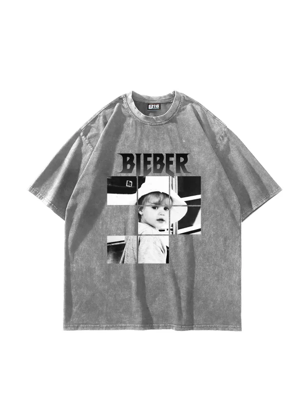 Belieber Baskılı Oversize Unisex Yıkamalı Beyaz Tshirt