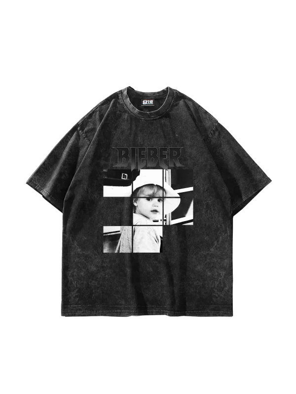 Belieber Baskılı Oversize Unisex Yıkamalı Siyah Tshirt