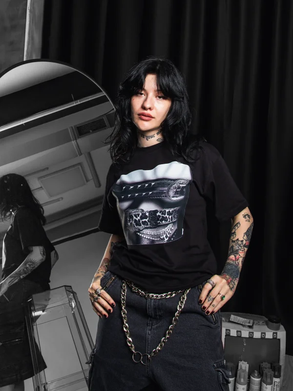 Belted Baskılı Relaxed Fit Siyah Kadın Tshirt