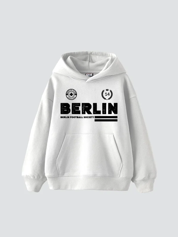 Berlin Baskılı Oversize Unisex Premium Beyaz Hoodie
