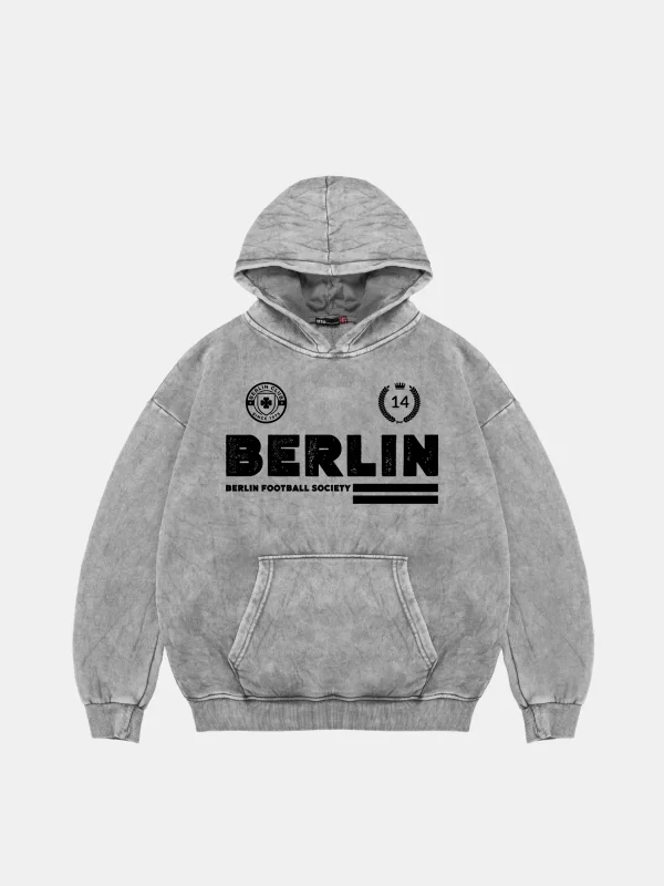 Berlin Baskılı Oversize Unisex Premium Yıkamalı Beyaz Hoodie