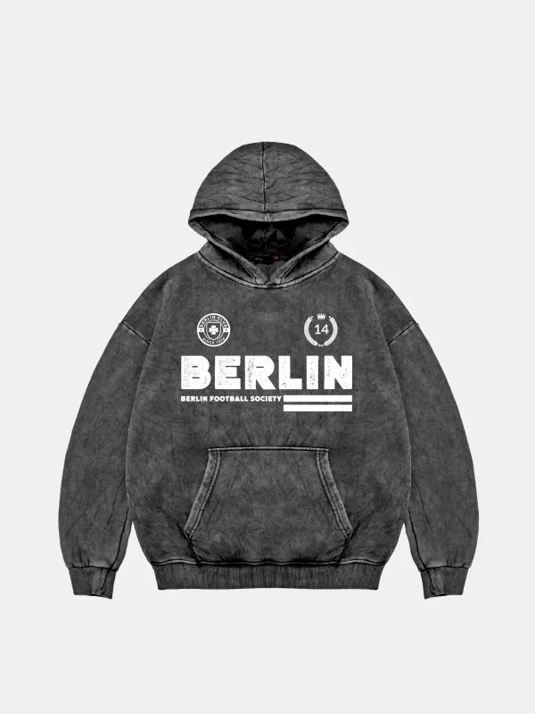 Berlin Baskılı Oversize Unisex Premium Yıkamalı Siyah Hoodie
